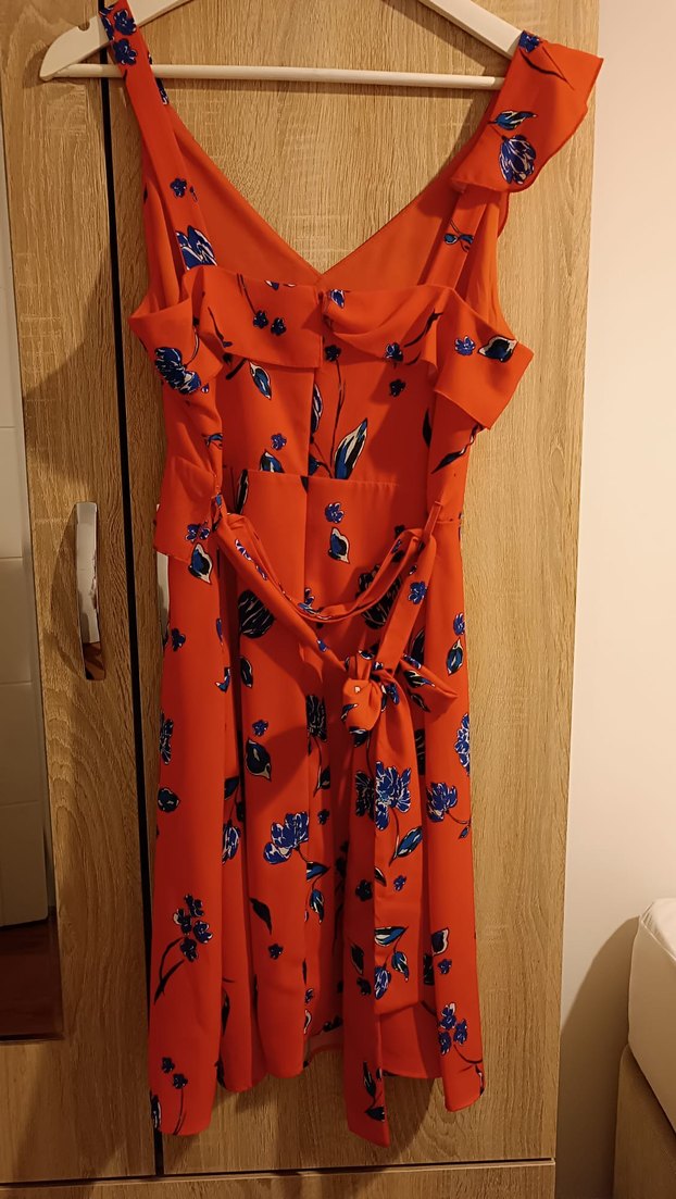 Kırmızı Çiçekli Volanlı Midi Elbise - Görsel 3