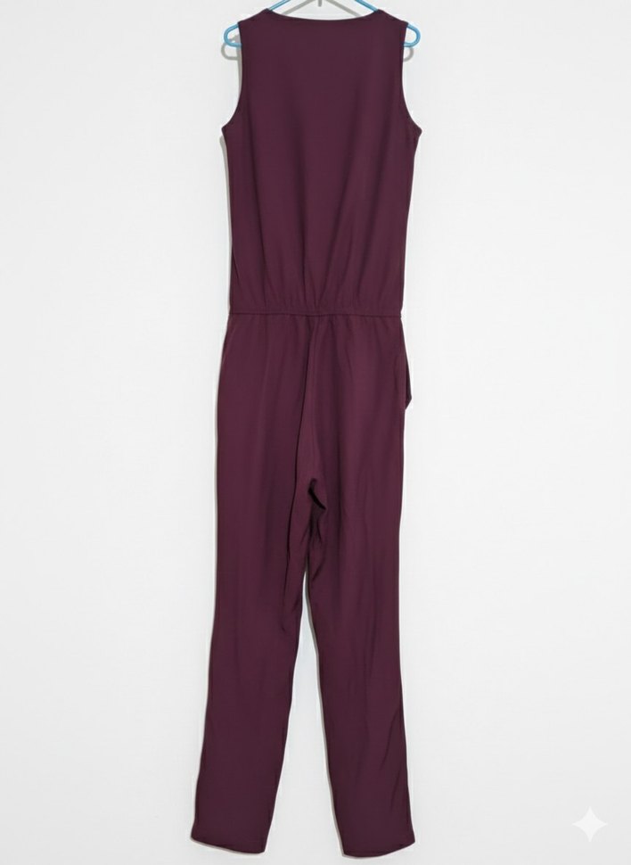 Bordo Düğmeli  Kadın Tulum Kolsuz,belli büzgülü tulum - Görsel 2