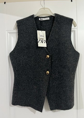 Zara Düğmeli Gri Yün Kadın Yelek
