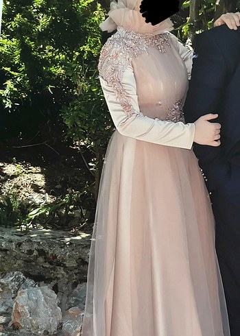 Abiye Pembe Nakışlı Uzun Kollu tesettür Abiye Elbise