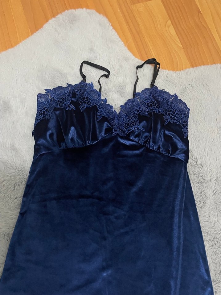 Lacivert Kadife Midi Gecelik - Görsel 2