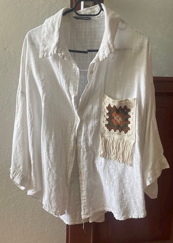 Bohem Düğmeli Kısa Kollu Keten Gömlek - Görsel 2