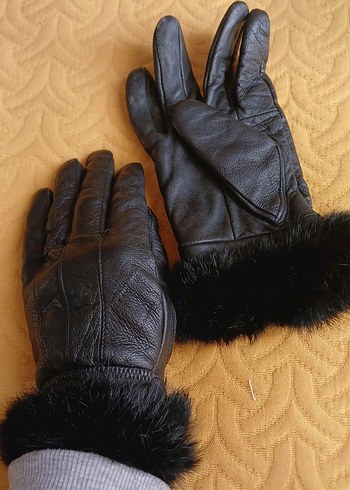 Kürk Detaylı Siyah Deri Kadın Eldivenleri - Görsel 2