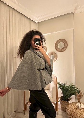 Diğer Gri Kemerli Kadın Panço