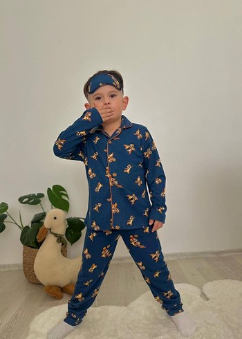 Düğmeli Lacivert Baskılı Erkek Pijama Takımı - Görsel 4