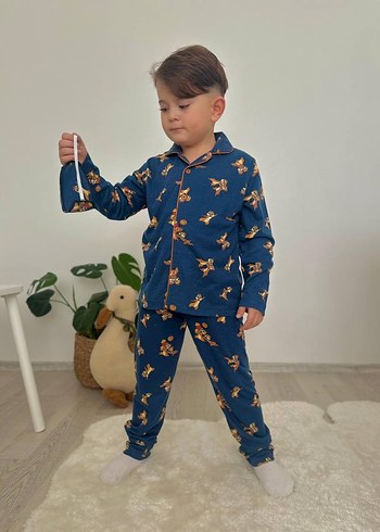 Düğmeli Lacivert Baskılı Erkek Pijama Takımı - Görsel 3