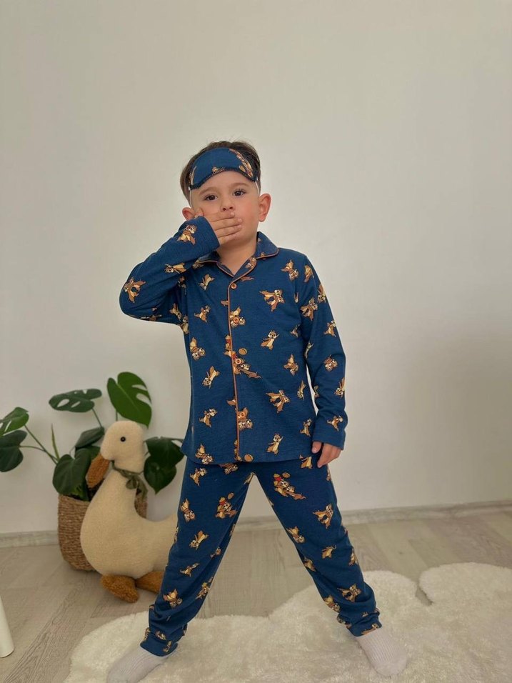 Düğmeli Lacivert Baskılı Erkek Pijama Takımı - Görsel 4