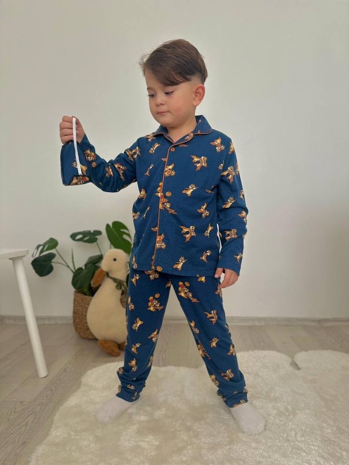 Düğmeli Lacivert Baskılı Erkek Pijama Takımı - Görsel 3