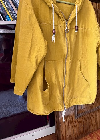 Sarı Kapüşonlu Kadın Keten Ceket - Görsel 3