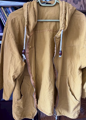 Sarı Kapüşonlu Kadın Keten Ceket - Görsel 2