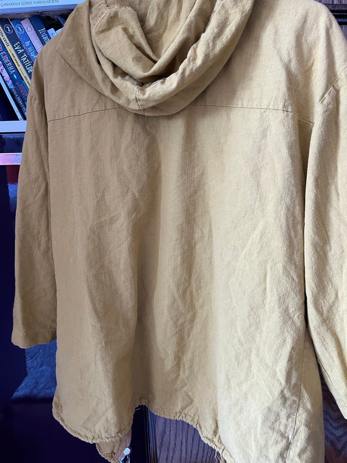 Sarı Kapüşonlu Kadın Keten Ceket - Görsel 4