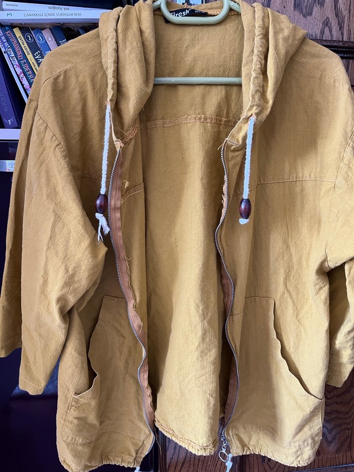 Sarı Kapüşonlu Kadın Keten Ceket - Görsel 2
