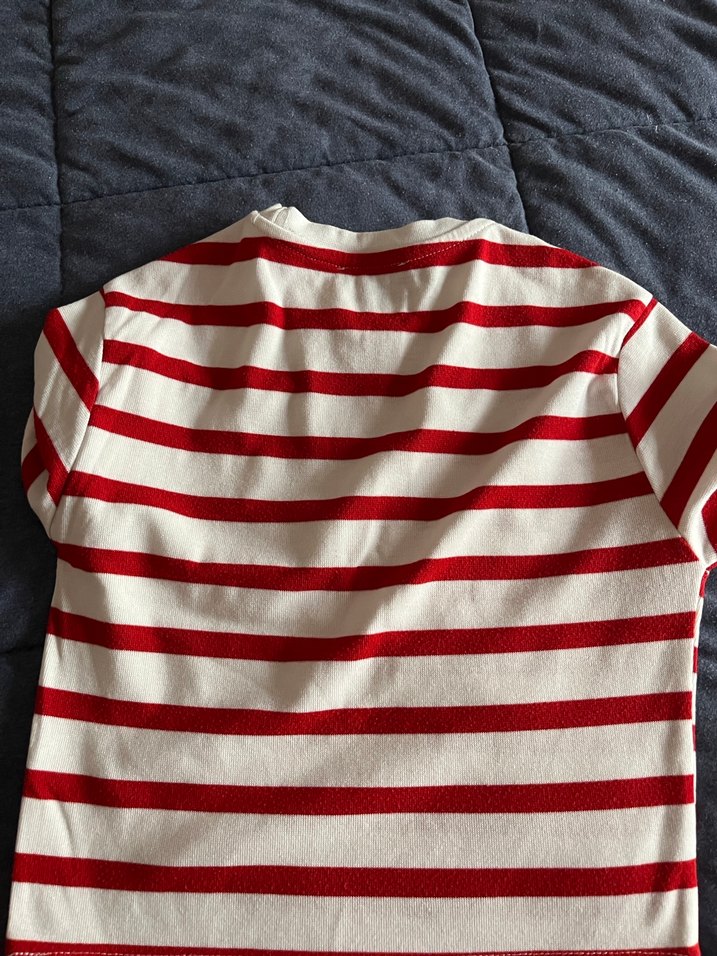 Kısa Kollu Kırmızı Beyaz Çizgili Kadın crop - Görsel 3