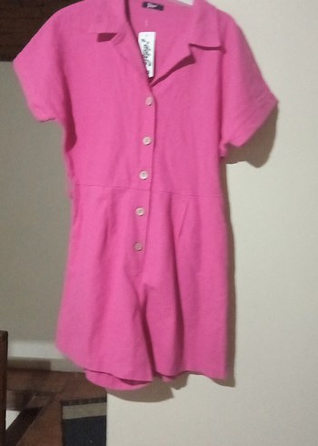 Düğmeli Pembe Keten Kadın Tulum - Görsel 4