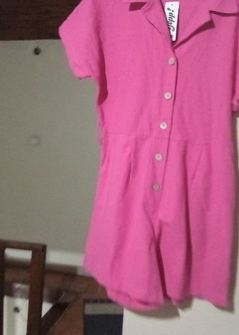 Düğmeli Pembe Keten Kadın Tulum - Görsel 8