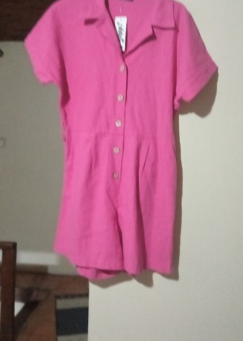 Düğmeli Pembe Keten Kadın Tulum - Görsel 19