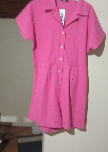 Düğmeli Pembe Keten Kadın Tulum - Görsel 16