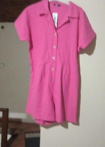 Düğmeli Pembe Keten Kadın Tulum - Görsel 20