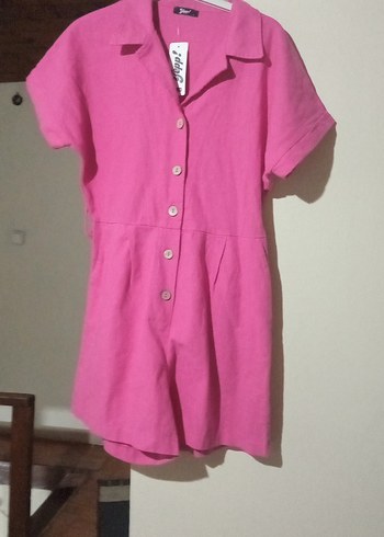 Düğmeli Pembe Keten Kadın Tulum - Görsel 5