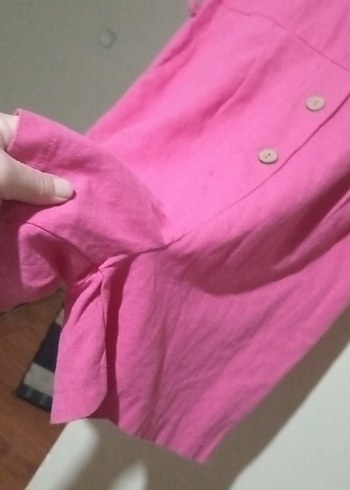 Düğmeli Pembe Keten Kadın Tulum - Görsel 9