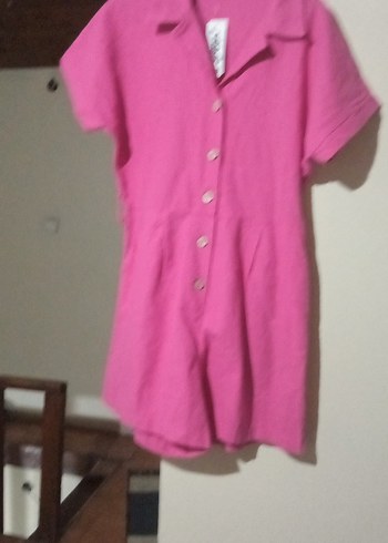 Düğmeli Pembe Keten Kadın Tulum - Görsel 7