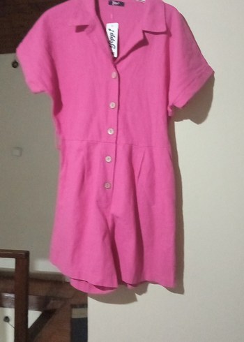 Düğmeli Pembe Keten Kadın Tulum - Görsel 6