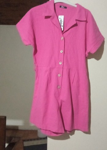 Düğmeli Pembe Keten Kadın Tulum - Görsel 3