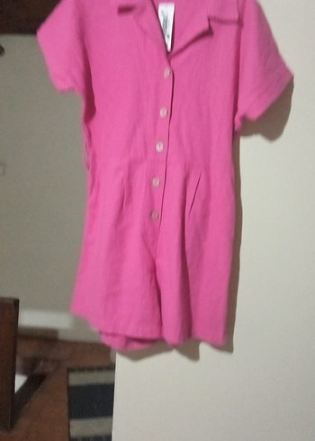 Düğmeli Pembe Keten Kadın Tulum - Görsel 18