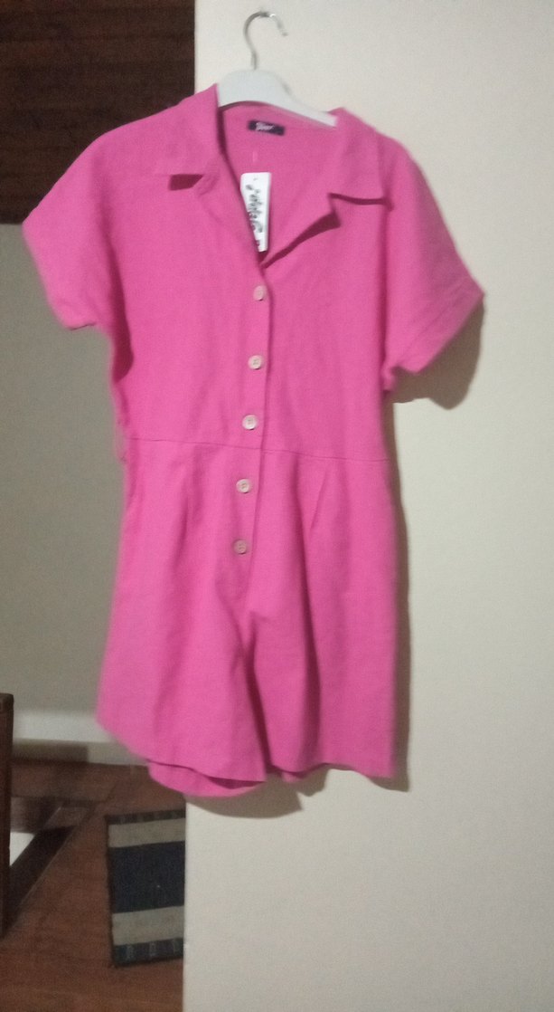 Düğmeli Pembe Keten Kadın Tulum - Görsel 4