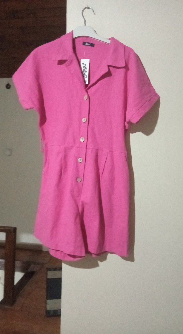 Düğmeli Pembe Keten Kadın Tulum - Görsel 5