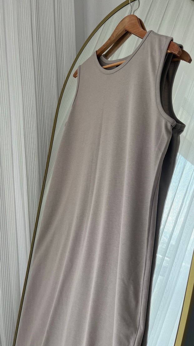 Koyu Bej, Kolsuz, Uzun Kadın Elbise - Görsel 2