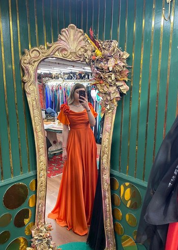 Parlak Turuncu Drapeli Uzun Abiye Elbise - Görsel 2