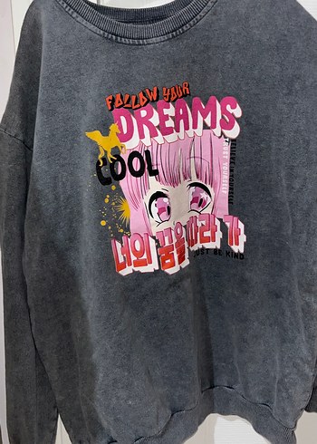 Gri Baskılı Uzun Kollu Kadın Sweatshirt