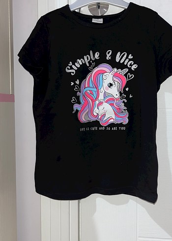 Siyah Pamuklu Unicorn Baskılı Kız Tişörtü