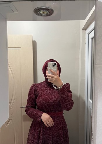 Bordo Uzun Kollu Yüksek Yaka Elbise