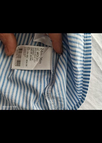 Çizgili Keten Kız Elbise Düğmeli V Yaka - Görsel 4