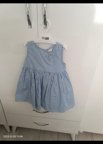 Çizgili Keten Kız Elbise Düğmeli V Yaka - Görsel 2