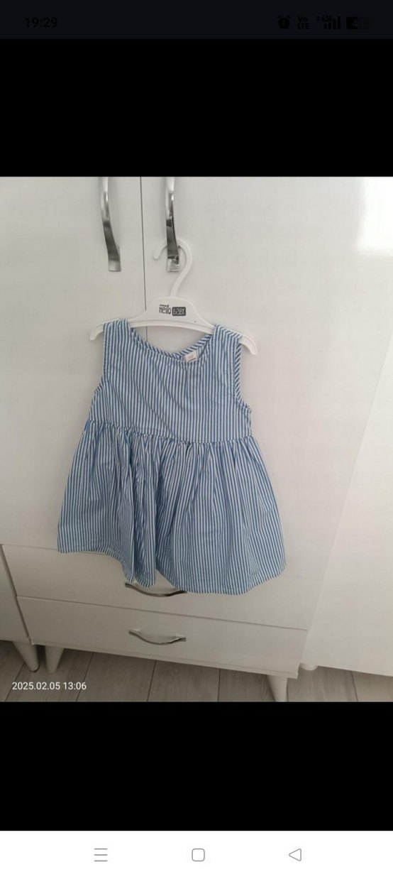 Çizgili Keten Kız Elbise Düğmeli V Yaka - Görsel 2