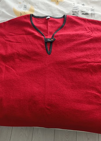 Kırmızı V Yaka keçe deri detayli panço - Görsel 7