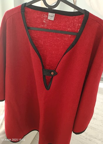Kırmızı V Yaka keçe deri detayli panço - Görsel 4