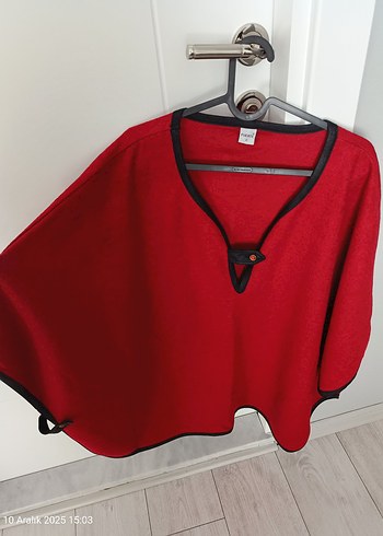 Kırmızı V Yaka keçe deri detayli panço - Görsel 3