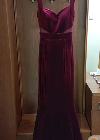 Bordo V Yakalı Uzun Abiye Elbise - Görsel 2