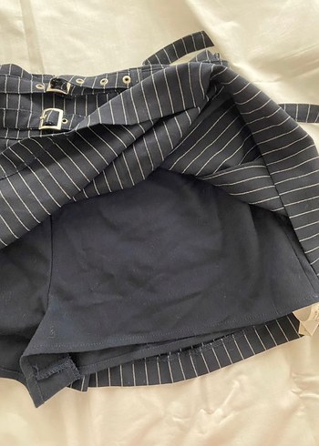 s Beden lacivert Renk Çizgili Kemerli Mini Denim Etek