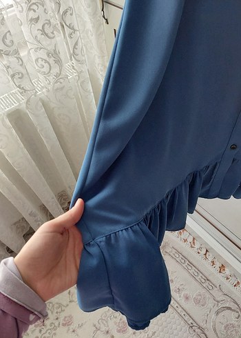 38 Beden Diger Mavi Uzun Kollu Volanlı Elbise tesettür elbise