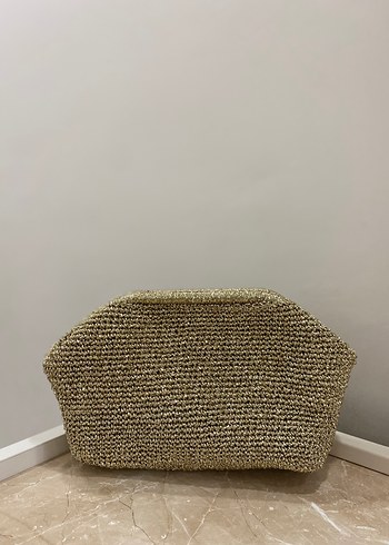 Burslu, Simli Gold Hasır Clutch Çanta