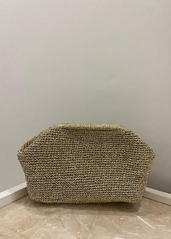 Beden Burslu, Simli Gold Hasır Clutch Çanta