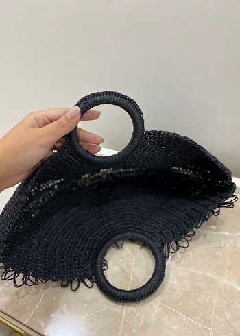 Beden siyah Renk Çiçek Detaylı, Hasır Kleopatra Çanta