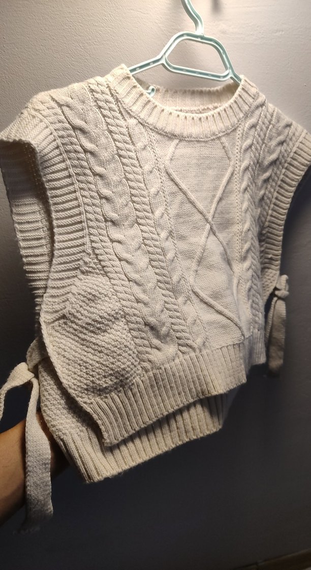Krem Rengi Örgü Triko Kolsuz Kadın Süveter - Görsel 2