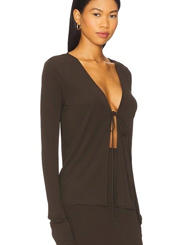 Uzun Kollu V Yaka Kahverengi Kadın Bluz - Görsel 2