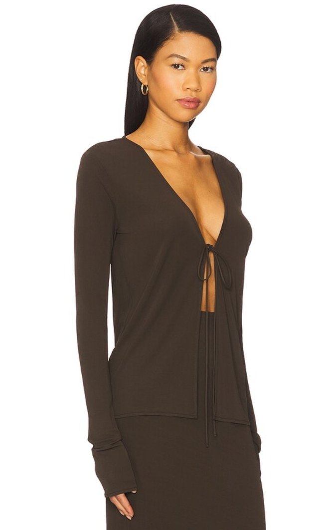 Uzun Kollu V Yaka Kahverengi Kadın Bluz - Görsel 2